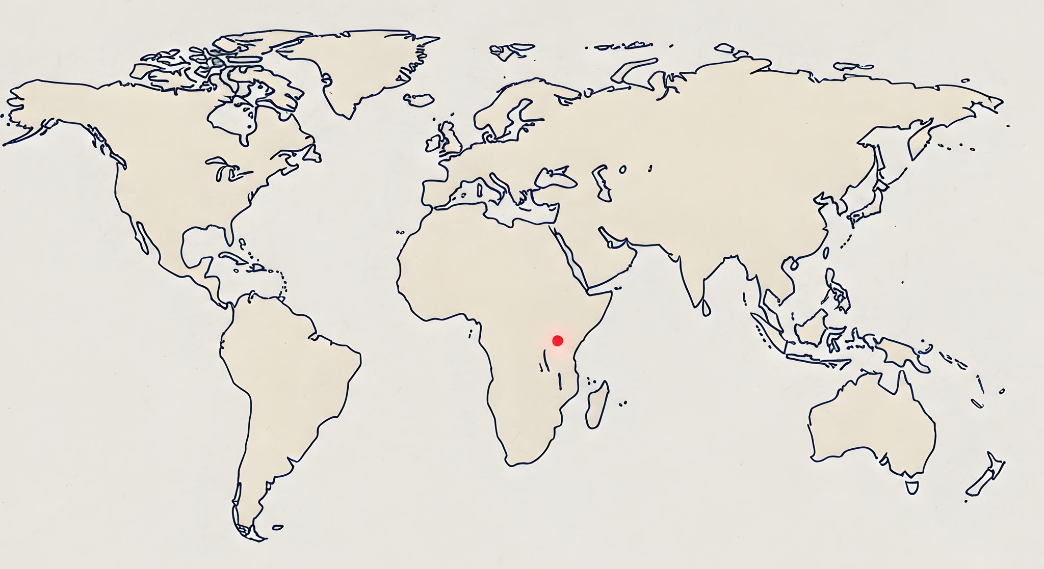 東アフリカに印の付いた世界地図
